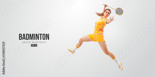 Realistic silhouette of a badminton player on white background. The badminton player woman hits the shuttlecock. Vector illustration
