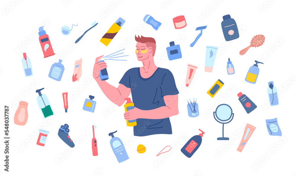 Young man in tshirt with eye patches under eyes, spritz moisturizer on face skin and holds a skincare tube. Makeup and skincare tubes, jars and tools flying around handsome man with closed eyes Young man in tshirt with eye patches under eyes, spritz moisturizer on face skin and holds a skincare tube. Makeup and skincare tubes, jars and tools flying around handsome man with closed eyes