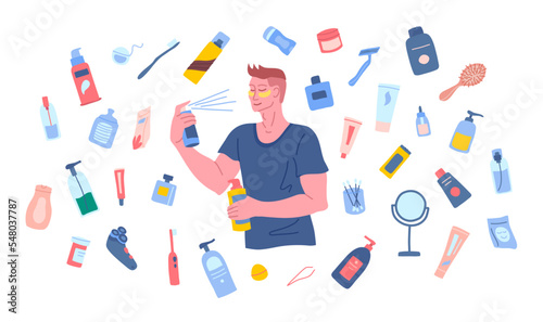 Young man in tshirt with eye patches under eyes, spritz moisturizer on face skin and holds a skincare tube. Makeup and skincare tubes, jars and tools flying around handsome man with closed eyes