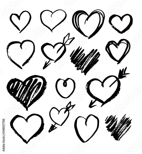 Vector hand drawn sketchy doodle heart symbols set isolated on white background. Hearts with arrows scribbled in lines and with marker filled contours illustration