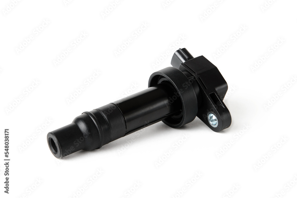 New gasoline engine ignition coil on white isolated background, ignition system spare parts concept. New gasoline engine ignition coil on white isolated background, ignition system spare parts concept.