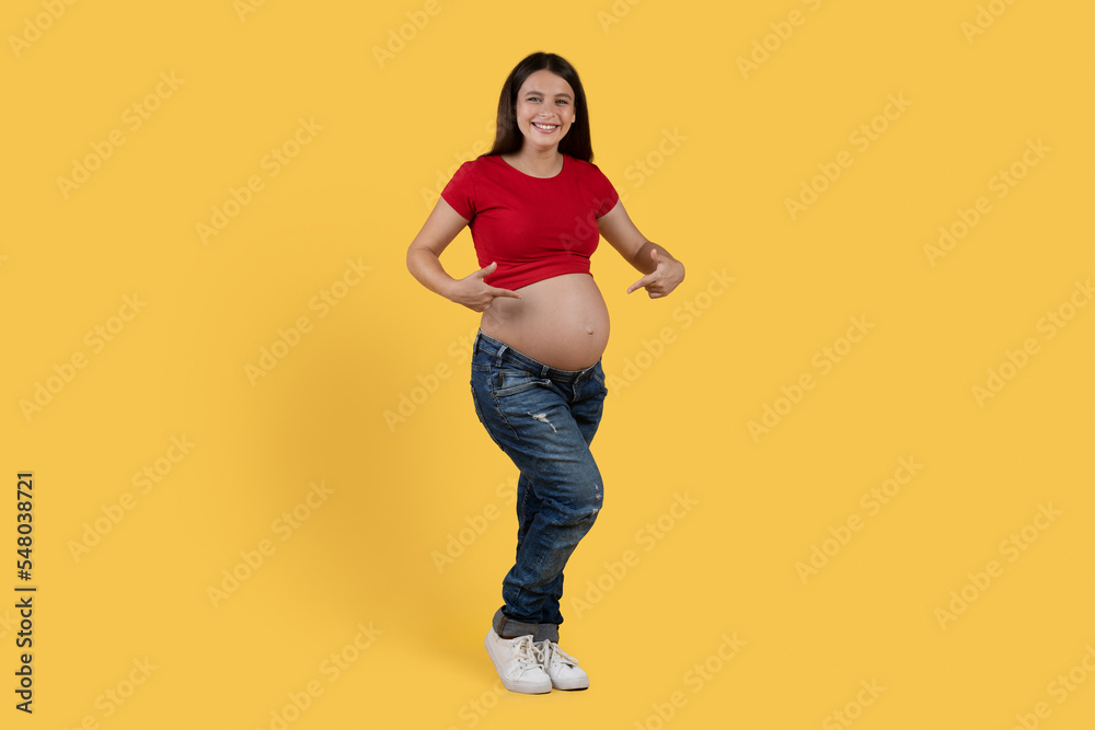 Happy Pregnancy. Cheerful Pregnant Woman Pointing At Her Big Belly Happy Pregnancy. Cheerful Pregnant Woman Pointing At Her Big Belly