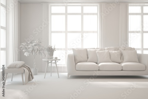 Mock up of minimalist living room in white color with sofa. Scandinavian interior design. 3D illustration