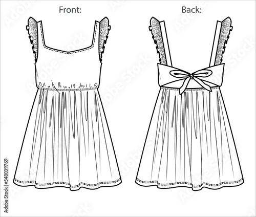 Vector short flared dress fashion CAD, woman mini dress with lace frills technical drawing, dress with thin shoulder straps template, flat, sketch. Jersey or woven fabric dress with front, back view