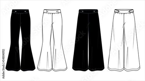 Vector flare pants for girls fashion CAD, sketch template, basic woman wide leg trousers technical drawing, trendy leggings flat, mock up. Jersey or woven fabric pants, from and back view, white color