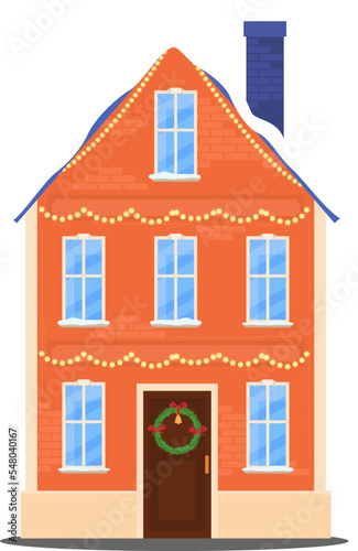 Christmas decorated house facade, New Year greeting card with a small cottage house vector illustration.