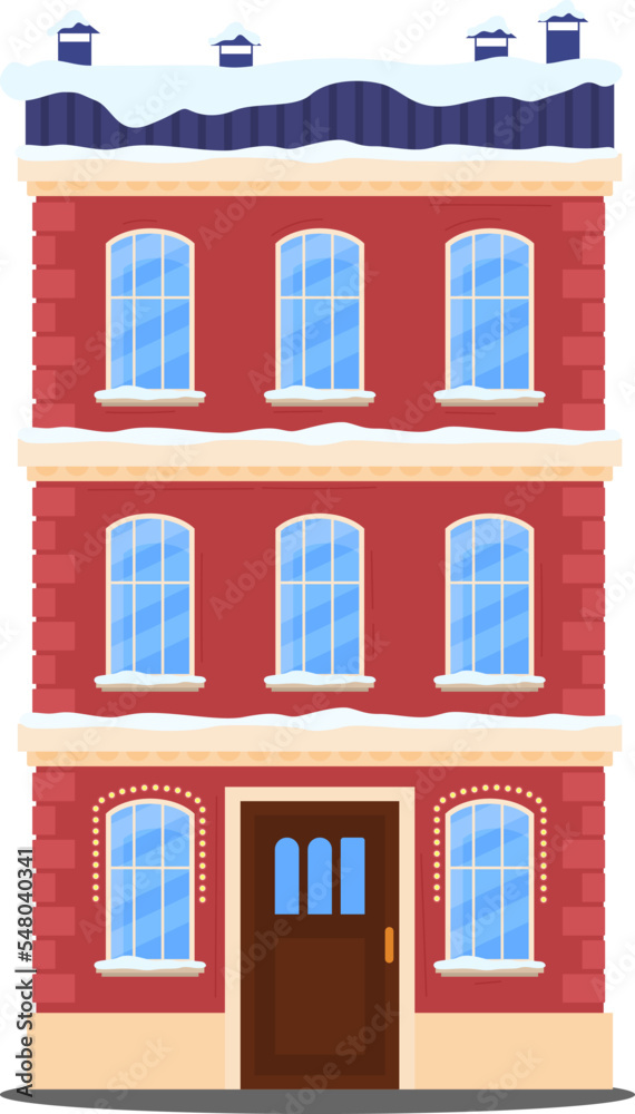 Christmas decorated house facade, New Year greeting card with a small cottage house vector illustration.