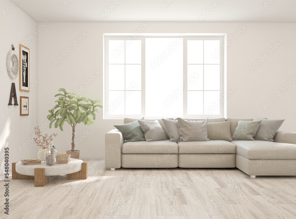 Fototapeta premium White living room with sofa. Scandinavian interior design. 3D illustration