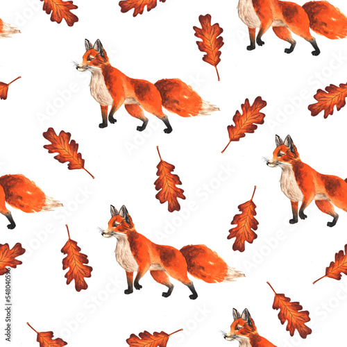 Watercolor red fox with autumn leaves isolated seamless pattern. Fox with leaf greeting card illustration on white background.
