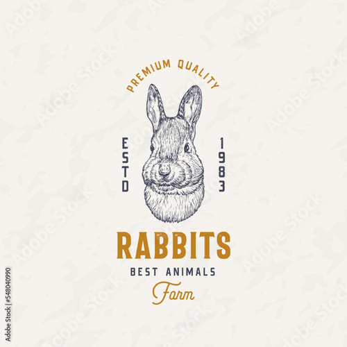 Rabbit Meat Farm Retro Badge Logo Template. Hand Drawn Animal Face Sketch with Retro Typography. Vintage Hare Face Sketch Emblem Isolated