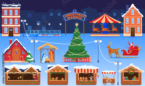 Christmas market fair decoration and kiosk, holiday street outdoor sale, merchandise houses vector illustration. New Year tree, santa sleg and deer, biblical nativity story, carousel