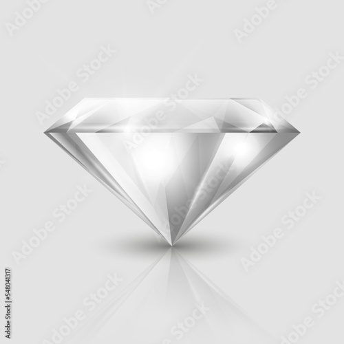 Vector 3d Realistic White Transparent Triangular Glowing Gemstone, Diamond, Crystal, Rhinestone Closeup on White Background with Reflection. Jewerly Concept. Design Template, Banner