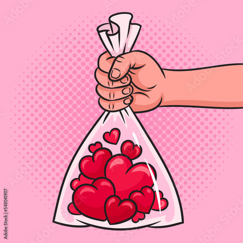 man gives bag of hearts valentines day gift pinup pop art retro vector illustration. Comic book style imitation.