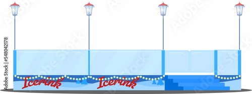 Christmas New Year ice rink or hockey playground, happy winter holiday, ice skating season cartoon style vector illustration.