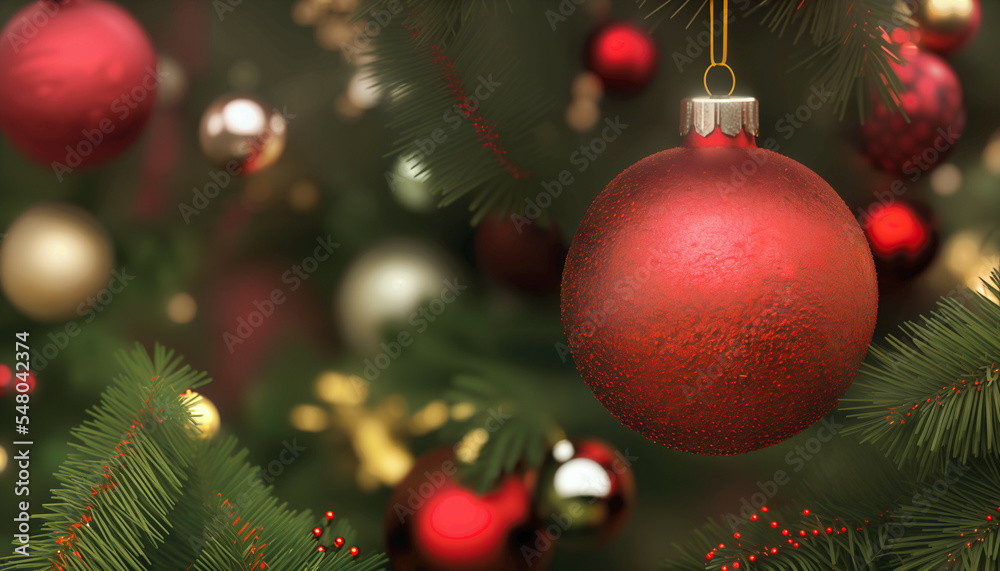 Chrismas background, ornaments and christmas tree, 3d render