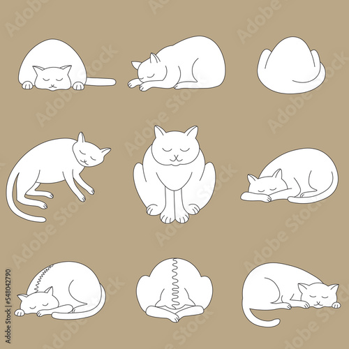 Sleeping cats mascot set. Cartoon kittens. Black and white drawing.