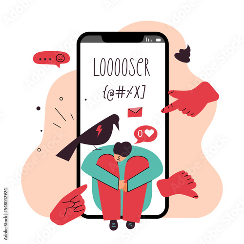 Vector illustration with internet problem and discrimination. The man afraid social bulling and shaming in the telephone. Lettering LOSER. STOP cyberbullying, network abuse