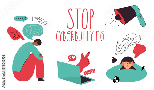 Bilde på lerret Vector illustration set personages and elements STOP cyberbullying, network abuse, internet problem and discrimination