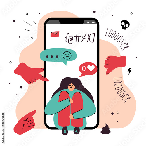 Vector illustration with female chatting and has got dislike, hurtful words from a phone. Lettering LOSER. STOP cyberbullying and network abuse, internet problem and discrimination.