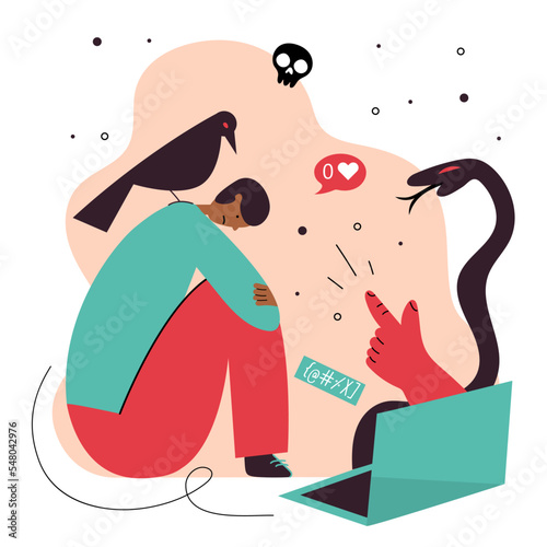 STOP cyberbullying, network abuse. Vector illustration with internet problem and discrimination. The man afraid social bulling and shaming. He have got not good emotional health.