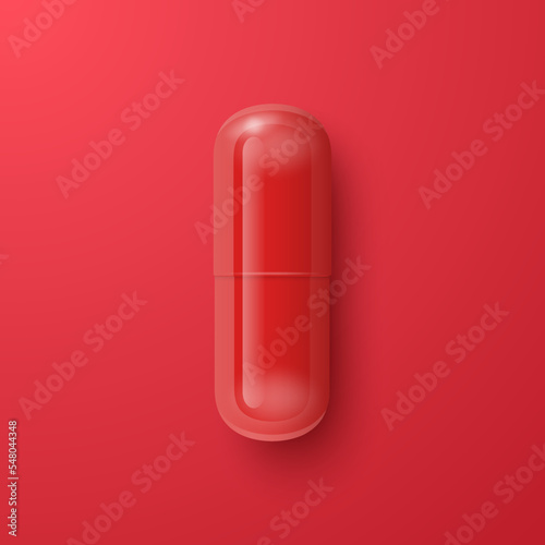 Vector 3d Realistic Red Pharmaceutical Medical Pill, Capsule, Tablet on Red Background. Front, Top View. Medicine, Health Concept