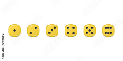 Vector 3d Realistic Yellow Game Dice Icon Set Closeup Isolated. Game Cubes for Gambling, Casino Dices From One to Six Dots, Round Edges