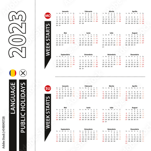 Two versions of 2023 calendar in Romanian, week starts from Monday and week starts from Sunday.