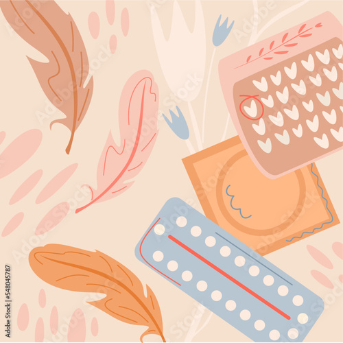 Different types of female and male contraception. Contraception method concept. Pregnancy prevention and baby birth control. Trendy hand-drawn vector flat cartoon illustration.