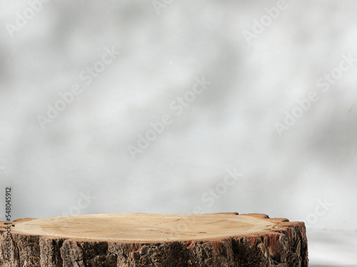Wooden podium for product presentation on gray background