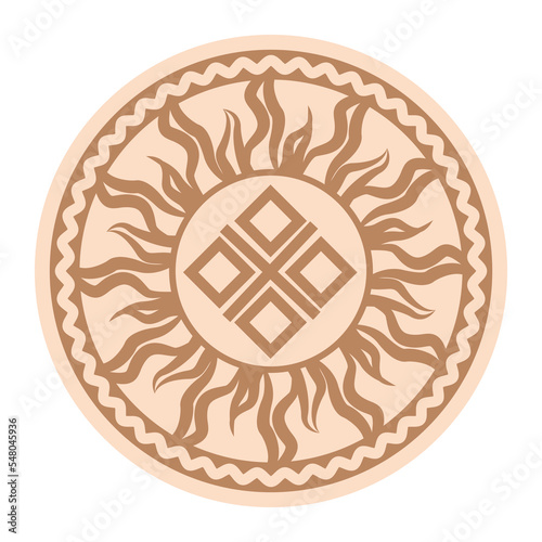 Yarylo Makosh, an ancient Slavic symbol, decorated with Scandinavian patterns. Beige fashion design