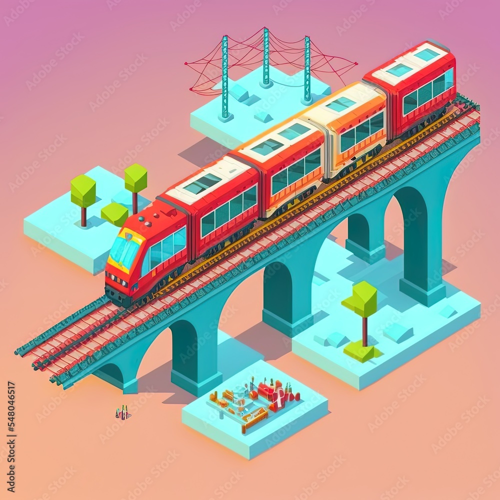 Naklejka premium 3d isometric train on bridge, megapolis