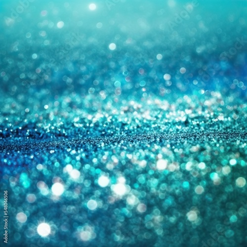 Abstract glitter background with blur and bokeh effect. Blue and teal wallpaper.