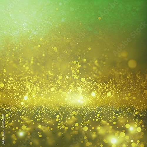 Abstract glitter background with blur and bokeh effect. Green and gold wallpaper.