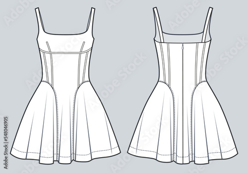 Women's mini Dress technical fashion Illustration. Dress with shoulder straps technical drawing template, slim fit, zip-up, corset, front and back view, white color, CAD mockup.