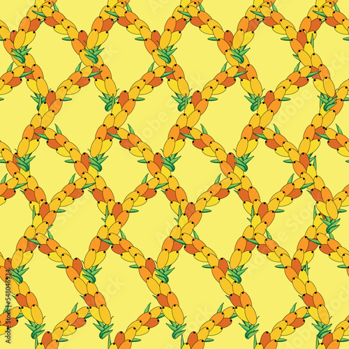Sea buckthorn seamless pattern. Twigs with berries and leaves. Template with orange fresh berries for wallpaper