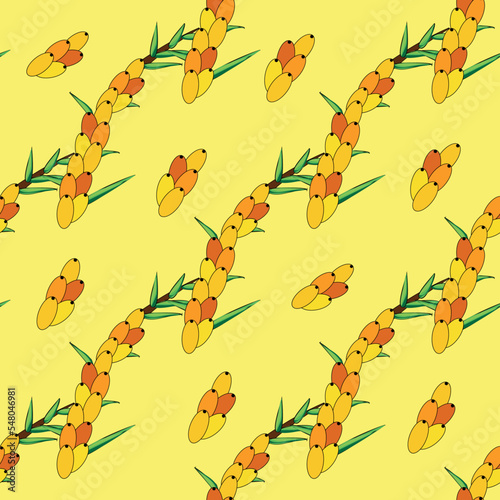 Sea buckthorn seamless pattern. Twigs with berries and leaves. Template with orange fresh berries for wallpaper