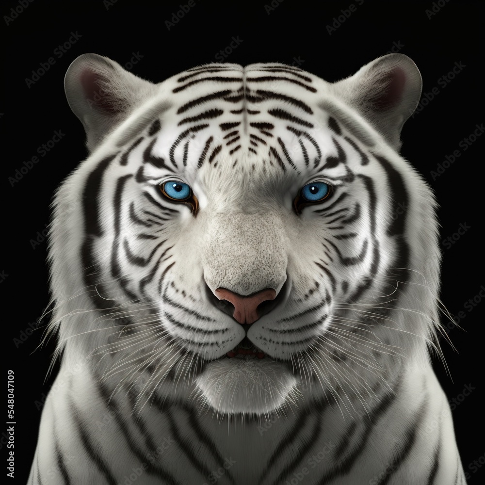 3d render of white bengal tiger portrait isolated on black background