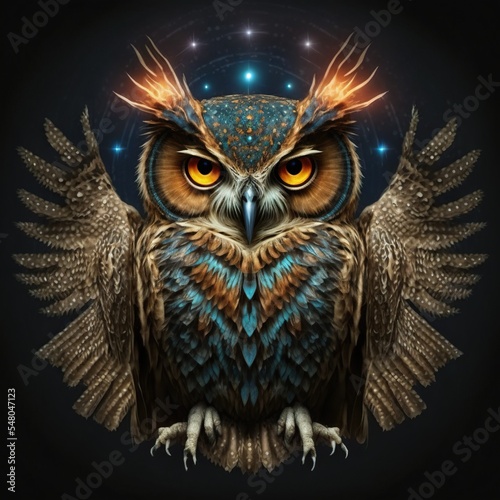 Beautiful magic wise owl isolated on black background. Charcter design 3d render. © Henry Letham