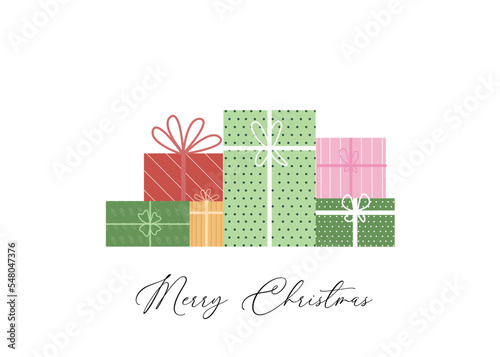 Big pile of gift boxes in festive wrapping paper with ribbon and bows.Gifts stacking heap on top of each other. gifts of different shapes and colors. Design for a New Year greeting card.