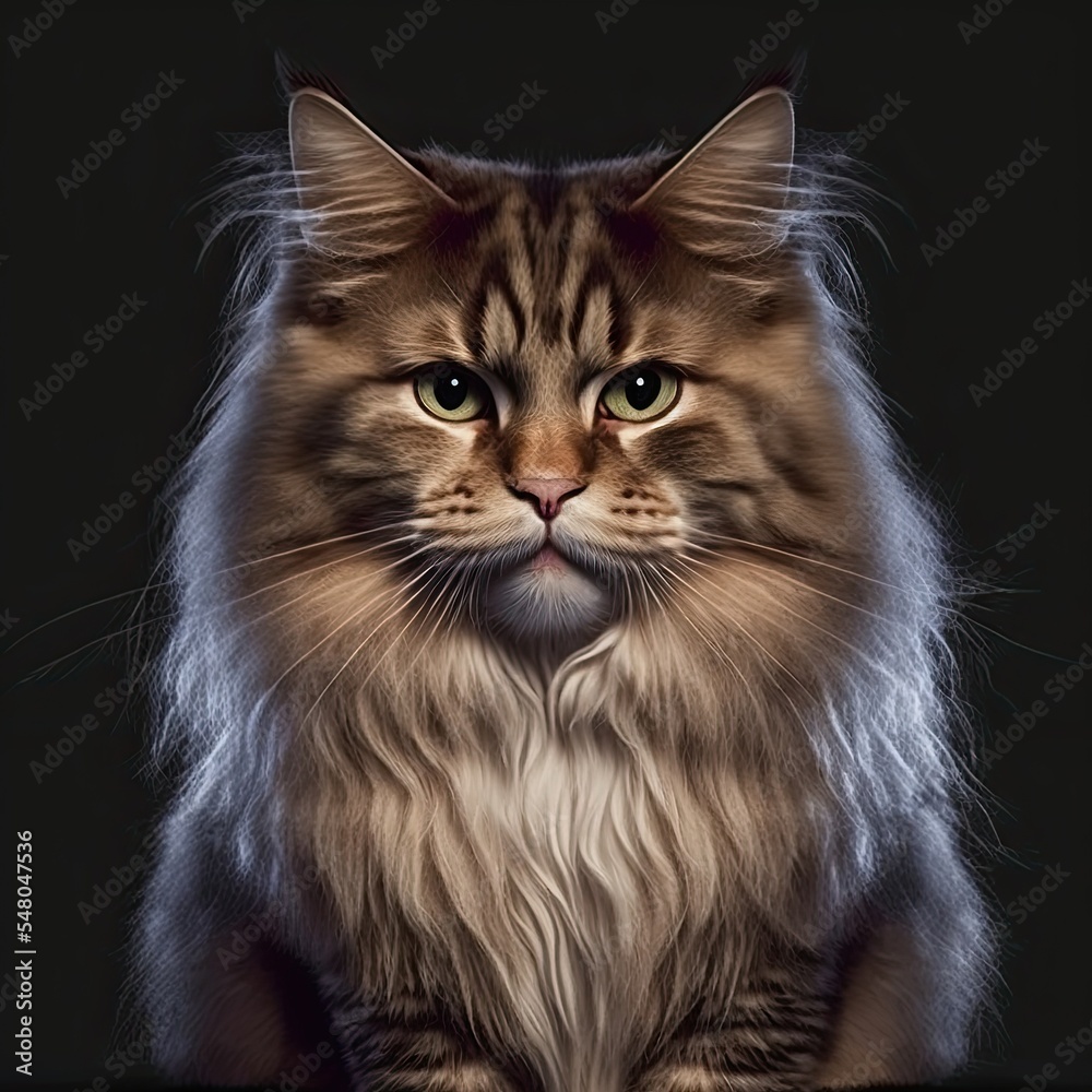 Beautiful portrait of brown Norwegian forest cat. Isolated on black background.