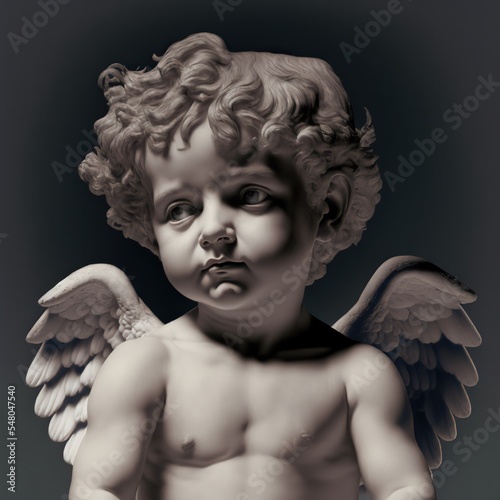 Fotografia White marble stone sculpture cherub angel boy isolated on black background