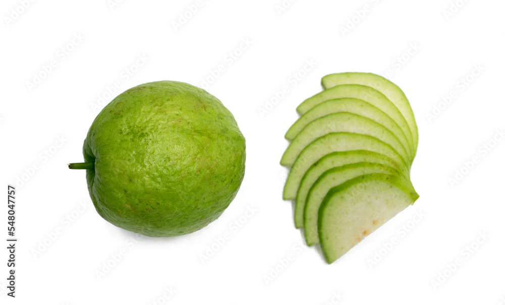 Whole and slices Guava isolated on the white background