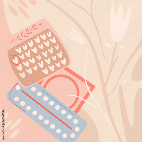 Different types of female and male contraception. Contraception method concept. Pregnancy prevention and baby birth control. Trendy hand-drawn vector flat cartoon illustration.