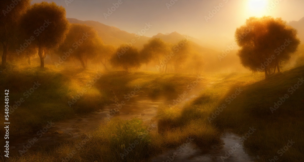 computer generated image of beautiful landscape. digital painting oil on canvas colorful sunset.