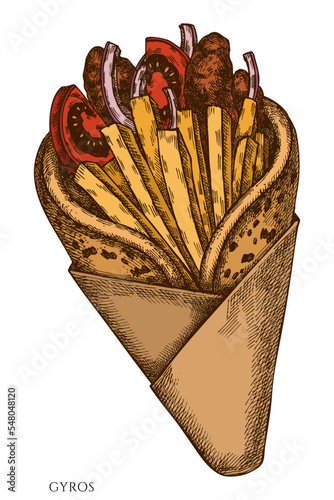 Street food hand drawn vector illustrations collection. Colored gyros.
