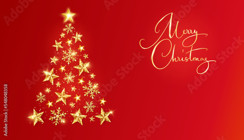 Christmas banner with golden glitter Christmas tree on red background. Sparkling fir tree made of stars and snowflakes. Merry Christmas calligraphy, text. For holiday cards, party posters. Vector.