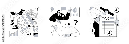 Financial information abstract concept vector illustration set. Accounting, consulting, tax form, tax filing, audit service, online application software, business strategy abstract metaphor.
