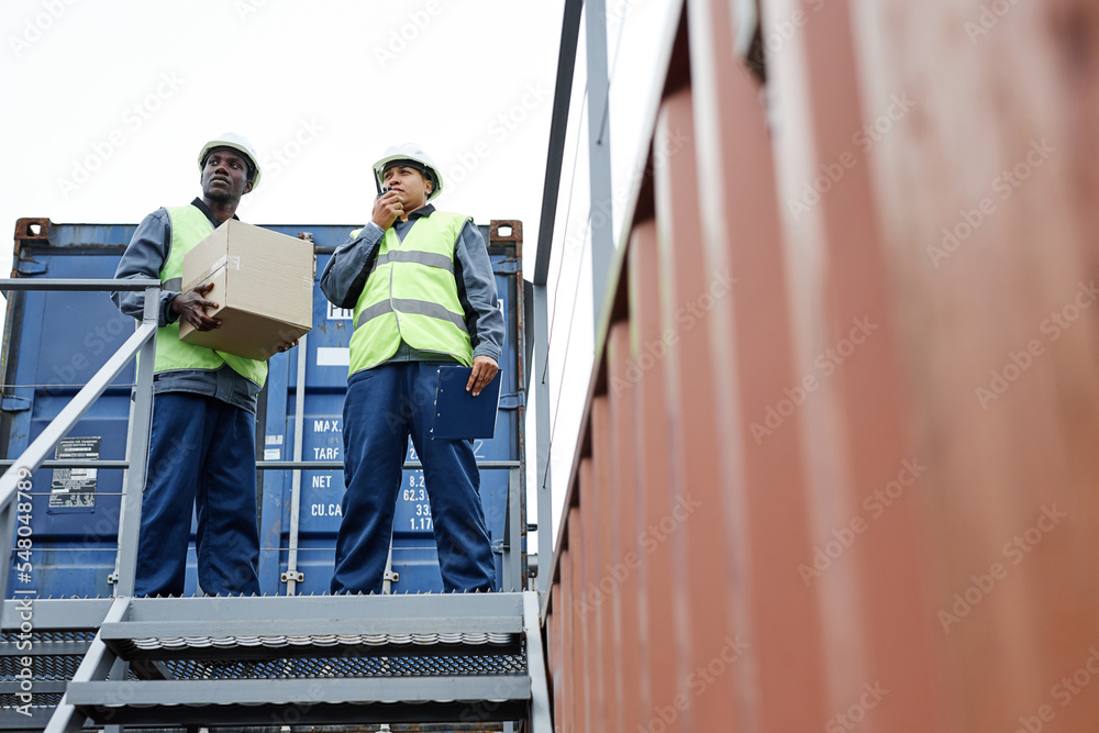 Full length portrait of two workers standing on container at shipping docks, copy space
