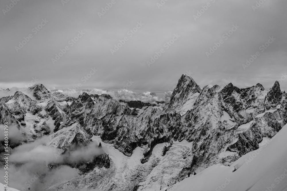 snow covered French mountains along Mont Blanc range