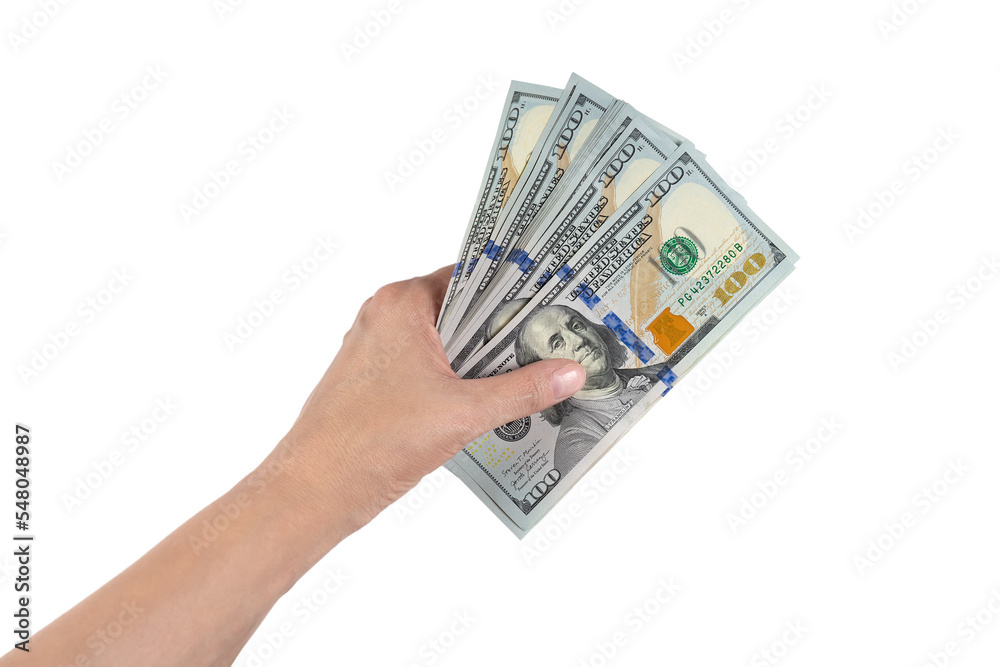 Woman hand with dollar cash isolated on white background. Allocation of money, economy concept, US dollar falling or rising. Top view, flat lay. Business, finance, bank, currency Woman hand with dollar cash isolated on white background. Allocation of money, economy concept, US dollar falling or rising. Top view, flat lay. Business, finance, bank, currency